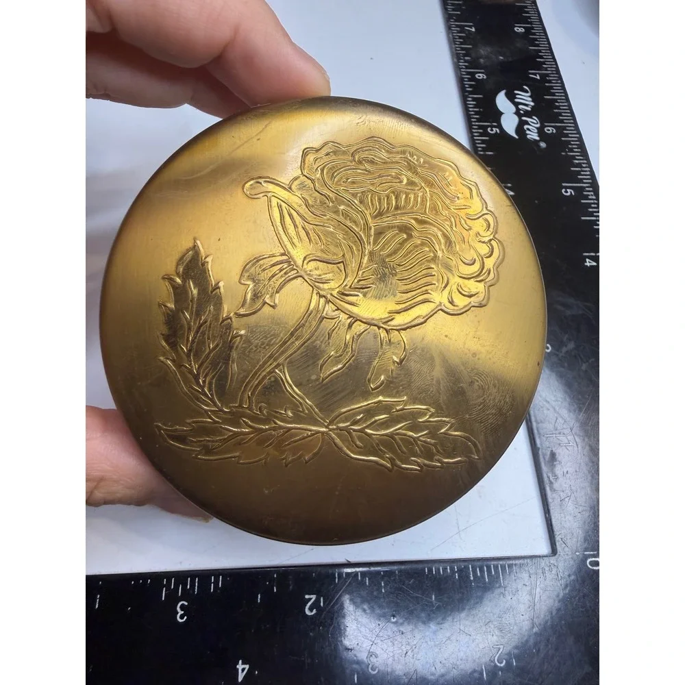 Gold Tone Brass Rose Etched Powder Compact with Mirror and Puff 3 Inch